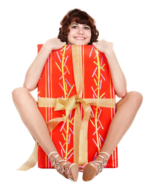 Girl with big red of gift box. — Stock Photo, Image