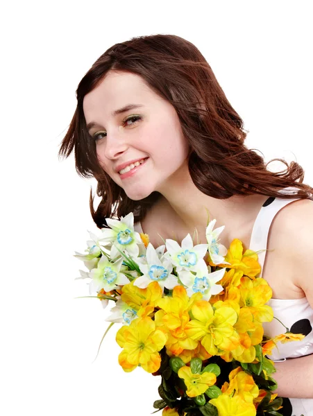 Beautiful girl with wild flower. — Stock Photo, Image