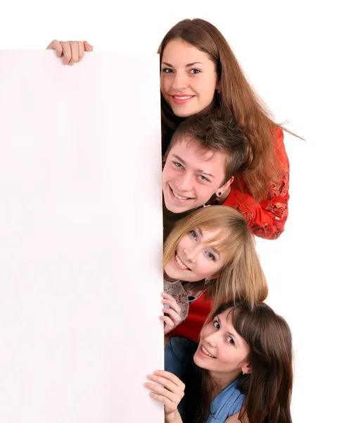 Banner und vier junge Erwachsene. — Stockfoto