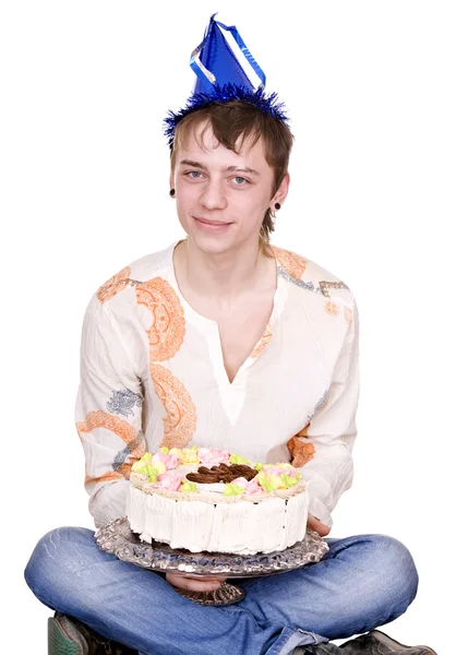 Uomo felice con torta durante compleanno . — Foto Stock