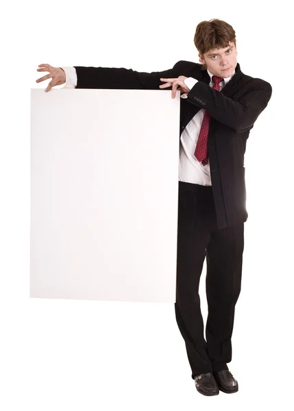 Biznesmen z wygląd białe transparent. — Zdjęcie stockowe