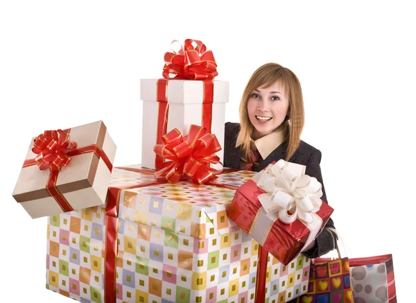 Mujer de negocios con caja de regalo. — Foto de Stock