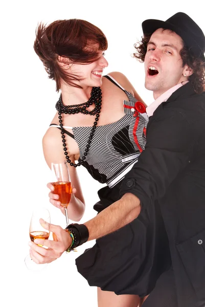 Man en meisje met wijn dans. — Stockfoto
