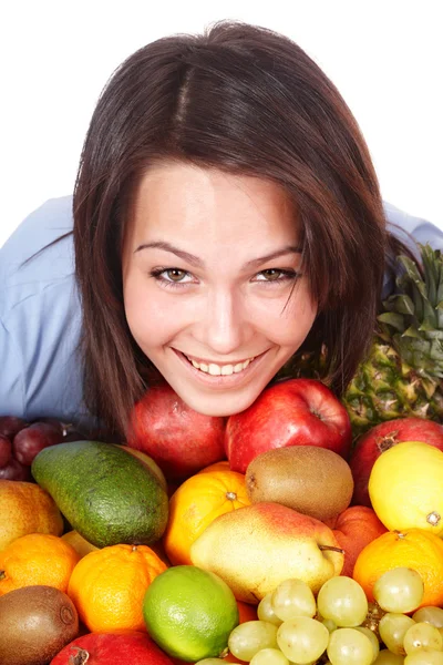 Girl with group of fruit. — Stock Photo, Image