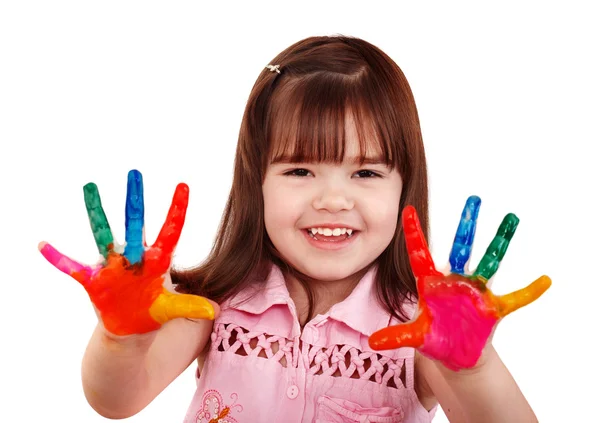 Criança feliz com mãos pintadas coloridas — Fotografia de Stock