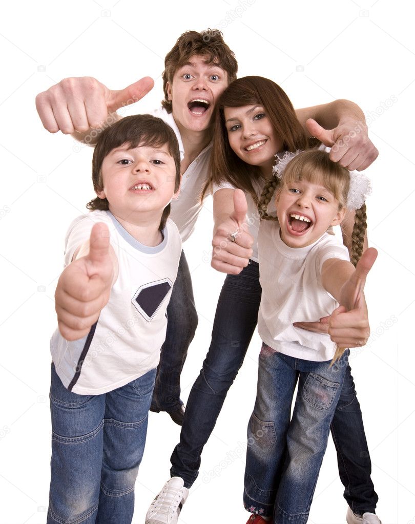 Happy family throw out thumb.