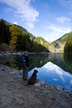 Lakeside hiker and dog clipart