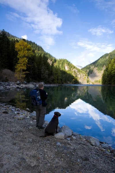 Senderista junto al lago y perro — Foto de Stock