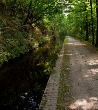 Wide walkway besides still deep canal clipart