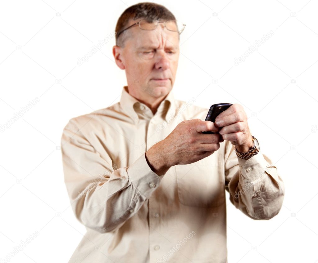 Middle aged man squinting at smart phone