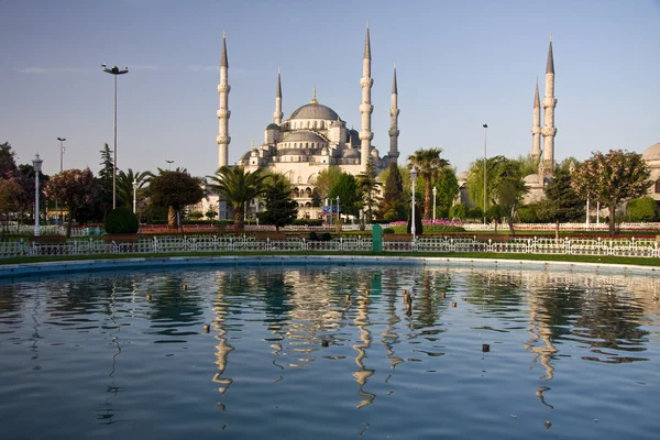 Cúpulas de mezquita azul enmarcadas por estanque — Foto de Stock