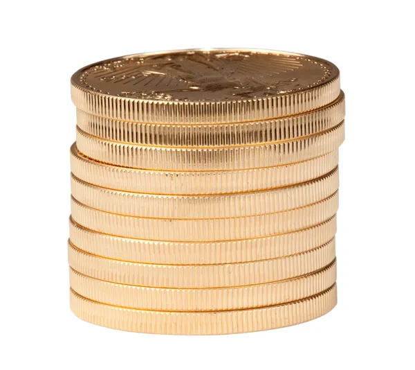 Stos dziesięć złotych monet, czysty — Zdjęcie stockowe