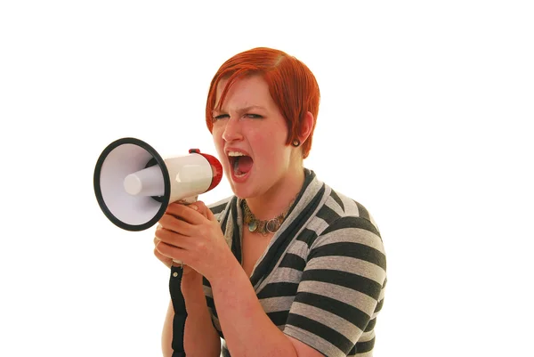 Mulher gritando em um megafone — Fotografia de Stock