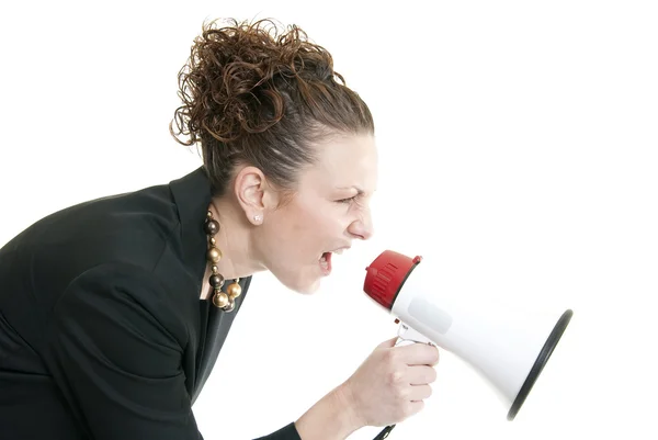 Donna d'affari che urla in un corno — Foto Stock