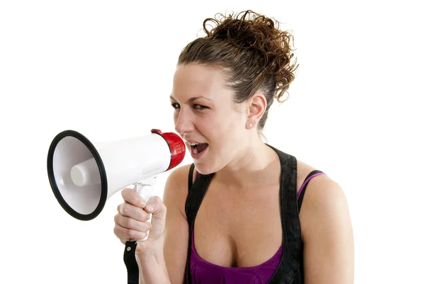 Donna che urla in un corno — Foto Stock