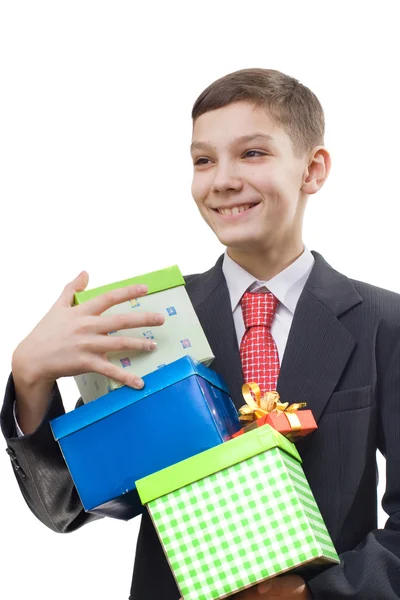 Okul çocuğu whith hediyeler — Stok fotoğraf