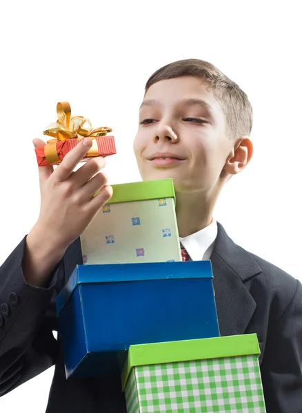 Schoolboy whith gifts — Stock Photo, Image