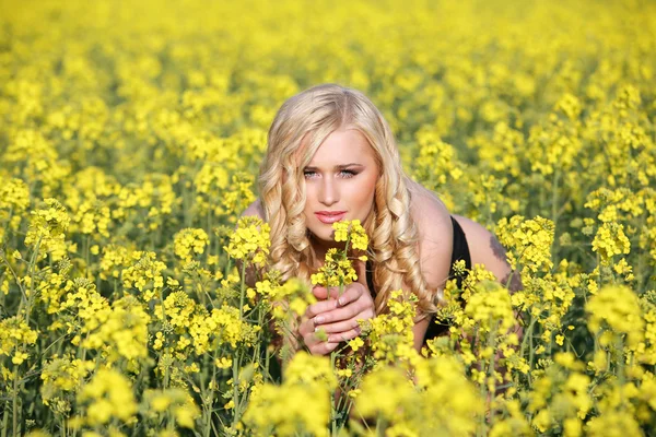 Vrouw in een gebied van wilde bloemen. — Stockfoto