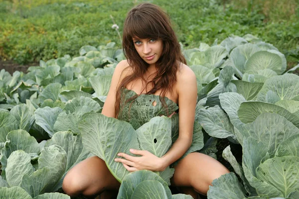 Молодая женщина на заводе капусты — стоковое фото