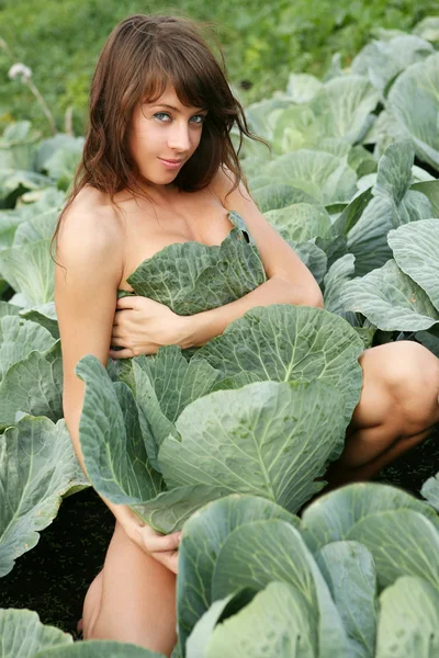 stock image Young woman in plant of cabbage