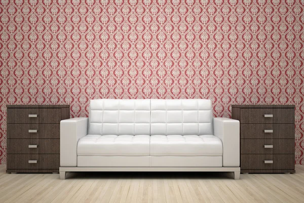 Kırmızı duvar ve beyaz kanepe — Stok fotoğraf