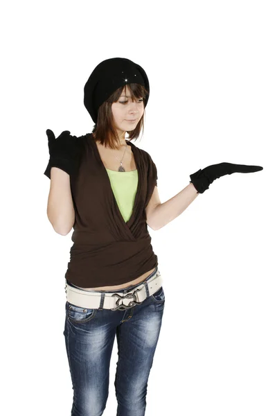 Femme en béret noir et gant — Photo