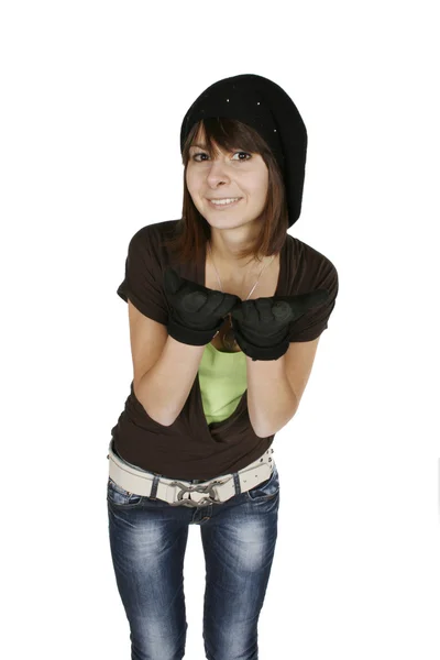 Žena v černém baretu a rukavice — Stock fotografie