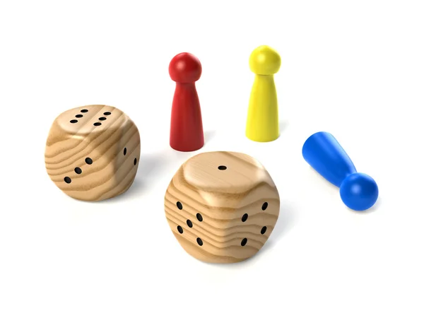 Two wooden dices with board game figures — Stock Photo, Image