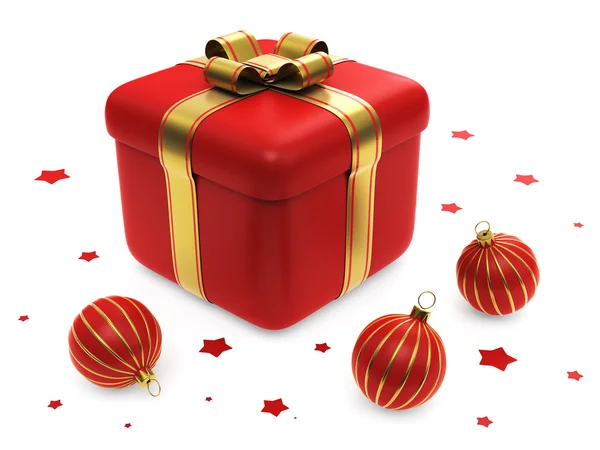 Caixa de presente com bola de Natal listrada vermelha — Fotografia de Stock