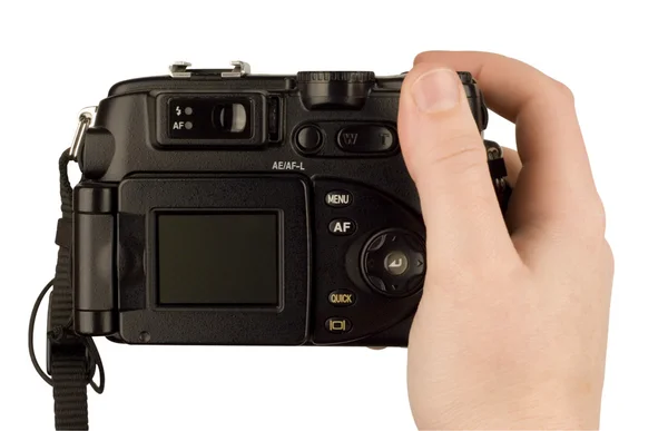Φωτογραφία ψηφιακή φωτογραφική μηχανή σε ένα χέρι που απομονώνονται — Φωτογραφία Αρχείου