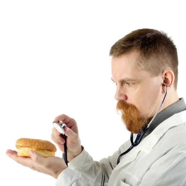 Doctor with hamburger — Stock Photo, Image