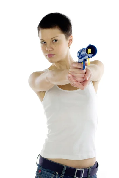 女孩用玩具手枪 — 图库照片