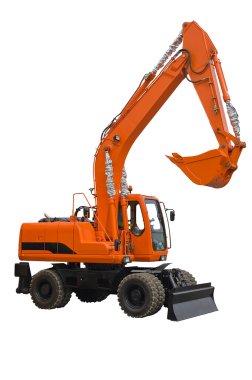 Orange wheel excavator with bucket beam clipart