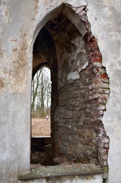 stock image Window opening in brick ancient wall.