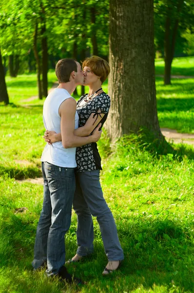 Поцілунки пара в парку — стокове фото