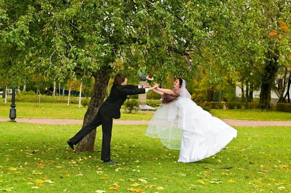 O casal está na zona do parque. — Fotografia de Stock