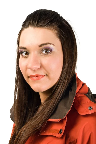 Ung vacker kvinna i röd jacka — Stockfoto