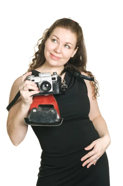 Jovem mulher com câmera antiga — Fotografia de Stock