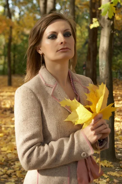 Mujer en el parque con hojas amarillas —  Fotos de Stock