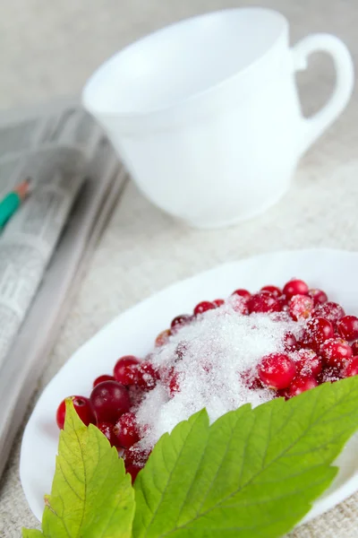 Cowberry in sugar against a mug with new — Stock Photo, Image