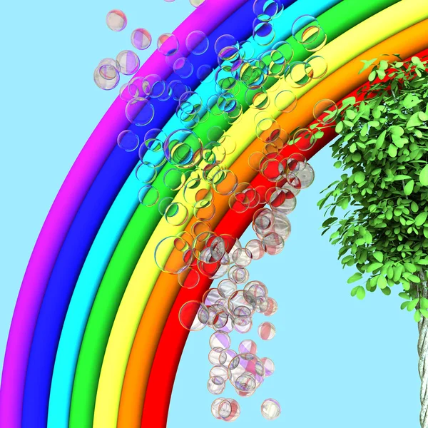 Bolle di arcobaleno, albero e sapone — Foto Stock