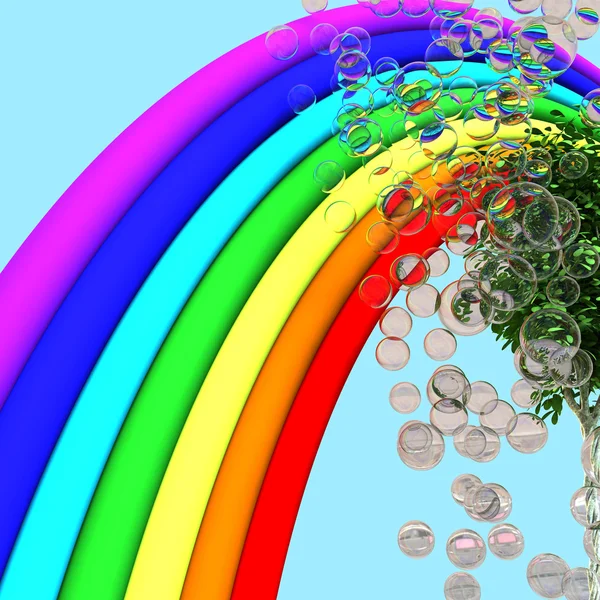 Rainbow, tree and soap bubbles — 图库照片