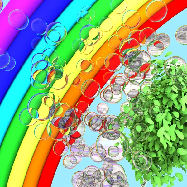 Regenboog, boom en zeepbellen — Stockfoto