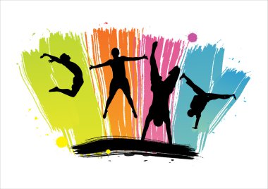 Silhouettes of jumping against color dabs clipart