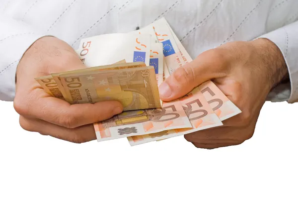 Ember kezében számolás euro bankjegyekre — Stock Fotó