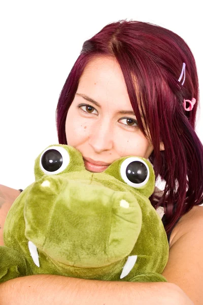 stock image Young woman playing with peluche