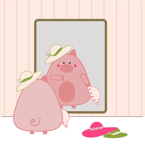 Piggy tentando chapéus —  Vetores de Stock