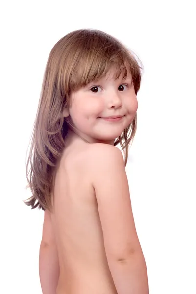 4-5 year old girl taking a deep breath on white background Stock