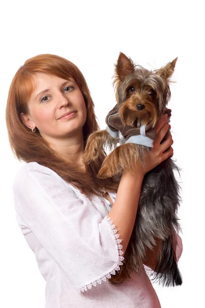 Kadın holding terrier — Stok fotoğraf