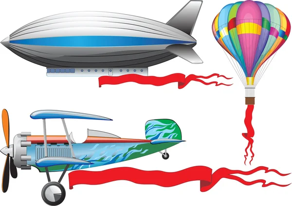 Ein altes Flugzeug, ein Ballon und ein Luftschiff — Stockvektor